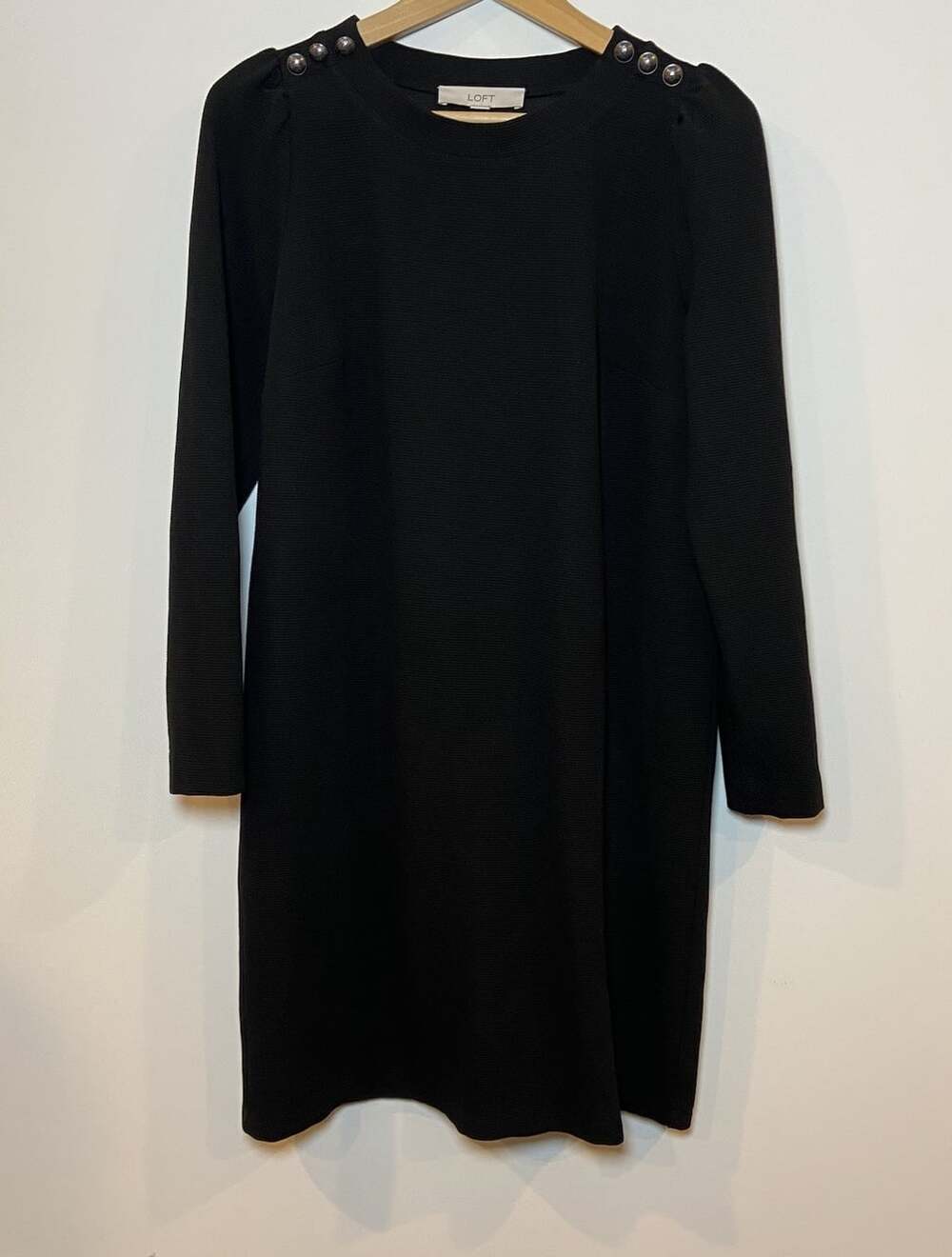 LOFT Dress Sheath Long Sleeve Ribbed Button Shoulder Black Size Medium M